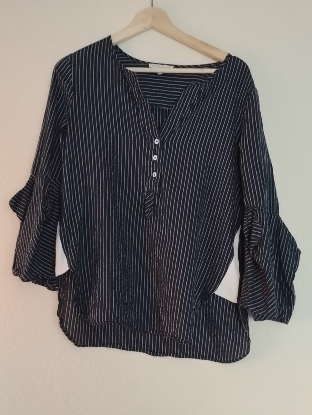 Current Air Navy and White Pinstripe Ruffle-Sleeve Blouse (M)